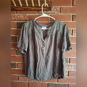 Knox Rose brown blouse with button up front and embroidered details.